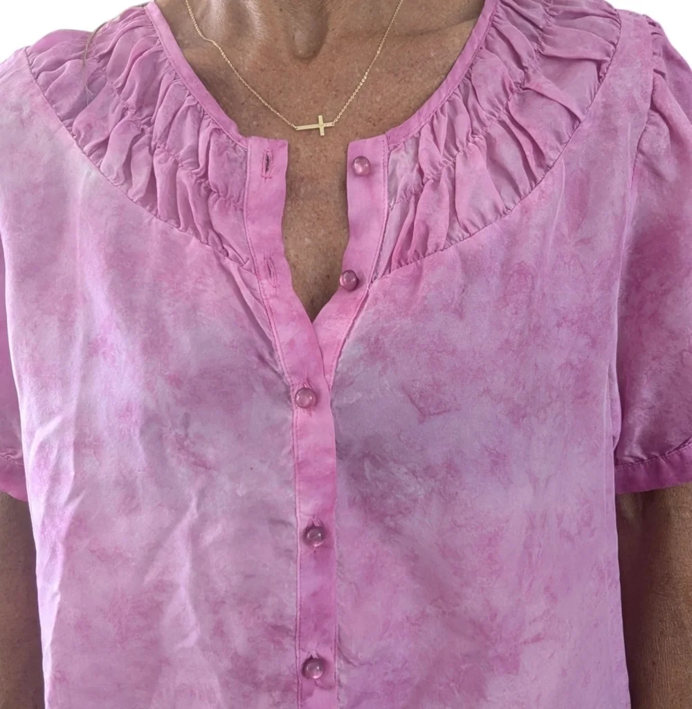 Johnny Was Amanda Bond 100% Silk Pink Peasant Blouse Puff Sleeve XS/S